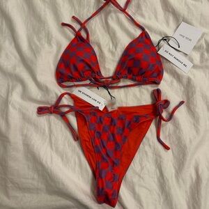 With Jéan Red/Purple Checkered Triangle Bikini Top & Side-tie Bottom - Size L